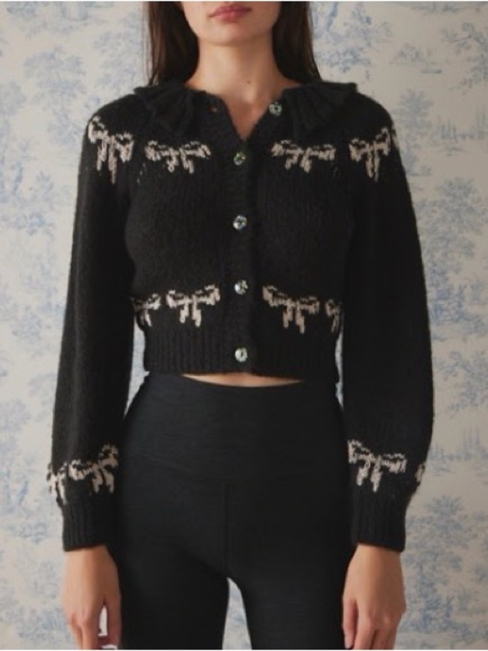 Urban Outfitters Black Cropped Cardigan with Ivory Bow Accents